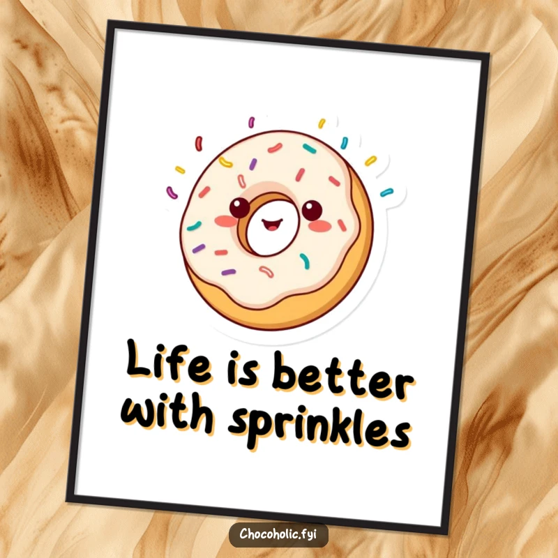 Funny Free Printable Wall Art: A kawaii donut character spinning joyfully with sprinkles flying, bringing happy vibes.