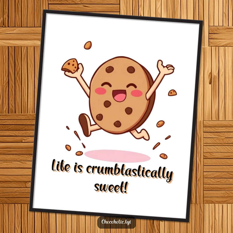 Funny Free Printable Wall Art: A kawaii chocolate cookie leaping joyfully, with crumbs flying, bringing a smile to viewers.