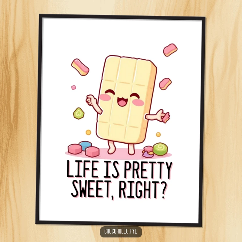 Funny Free Printable Wall Art: A kawaii candy bar character juggling smaller candies playfully, bringing sweet humor to your walls.