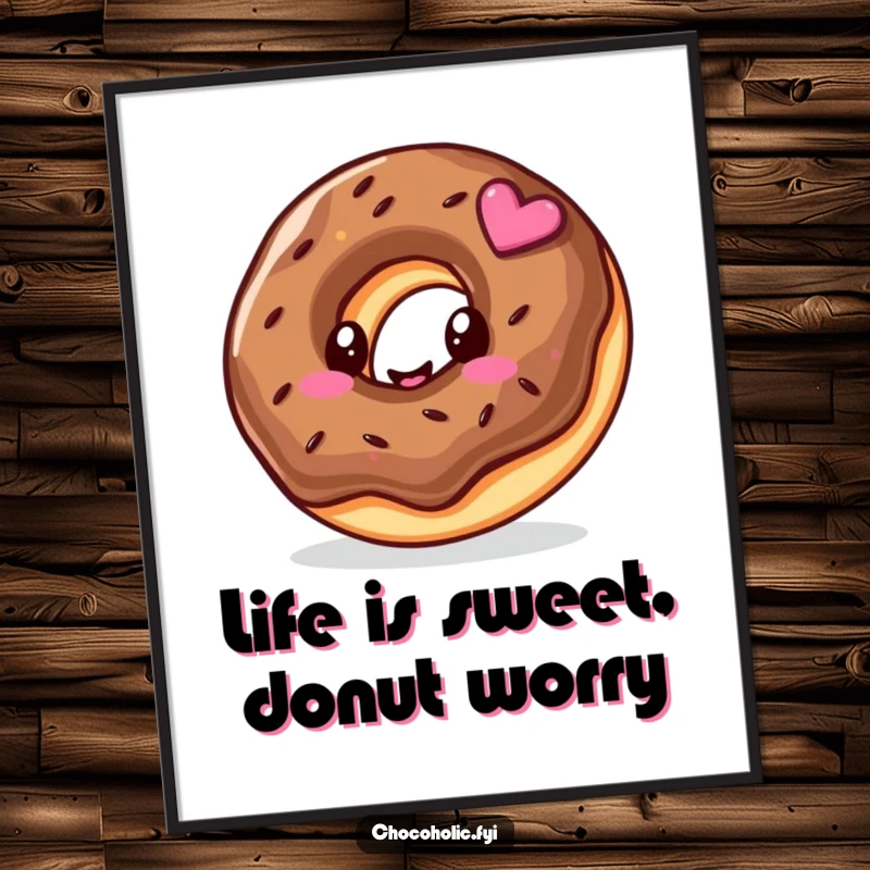 Funny Free Printable Wall Art: Kawaii chocolate donut character with a happy swirl, perfect for kitchens or kids rooms.