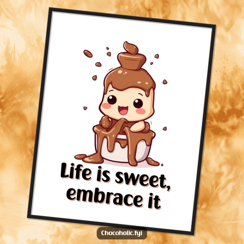 Funny Free Printable Wall Art featuring a cheerful chocolate fountain character spraying abstract streams of pure joy and happiness.