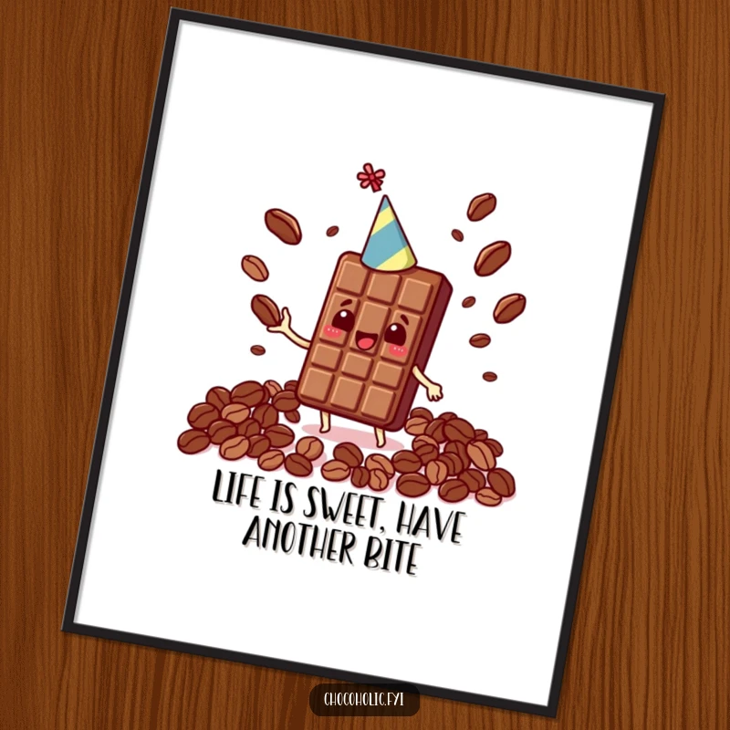 Funny Free Printable Wall Art: A beaming Kawaii chocolate bar in a party hat, actively juggling cocoa beans, bringing joy to any room.