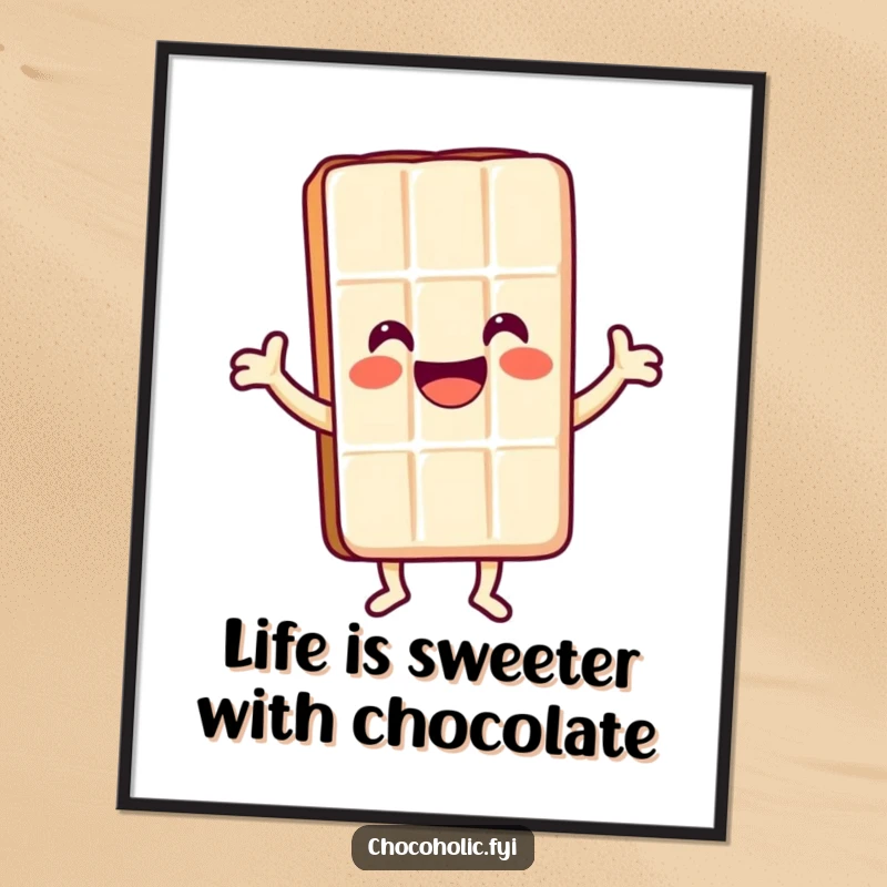 Funny Free Printable Wall Art: A kawaii chocolate bar character with a huge smile, performing a joyful happy dance. Sweet, humorous, and decorative.