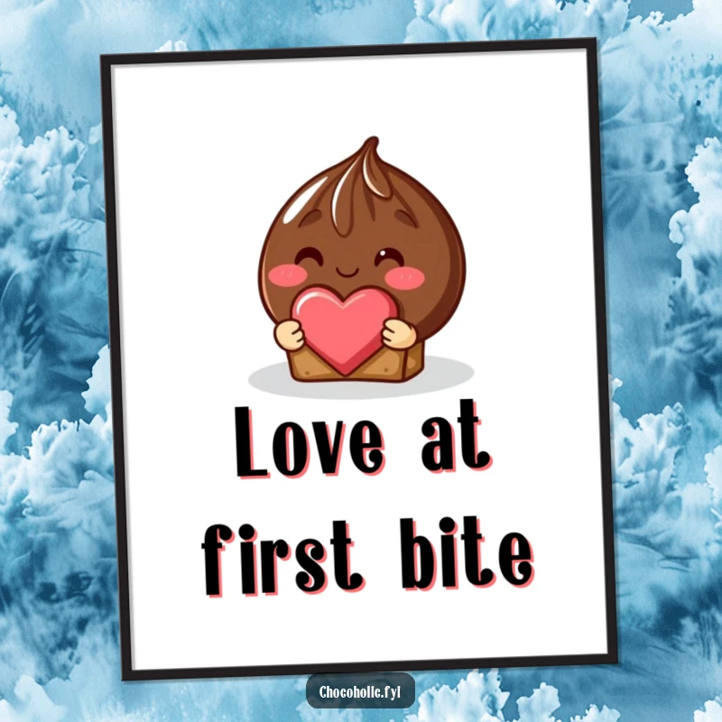 Funny Free Printable Wall Art of a shy chocolate truffle with rosy cheeks offering a little heart-shaped chocolate piece.