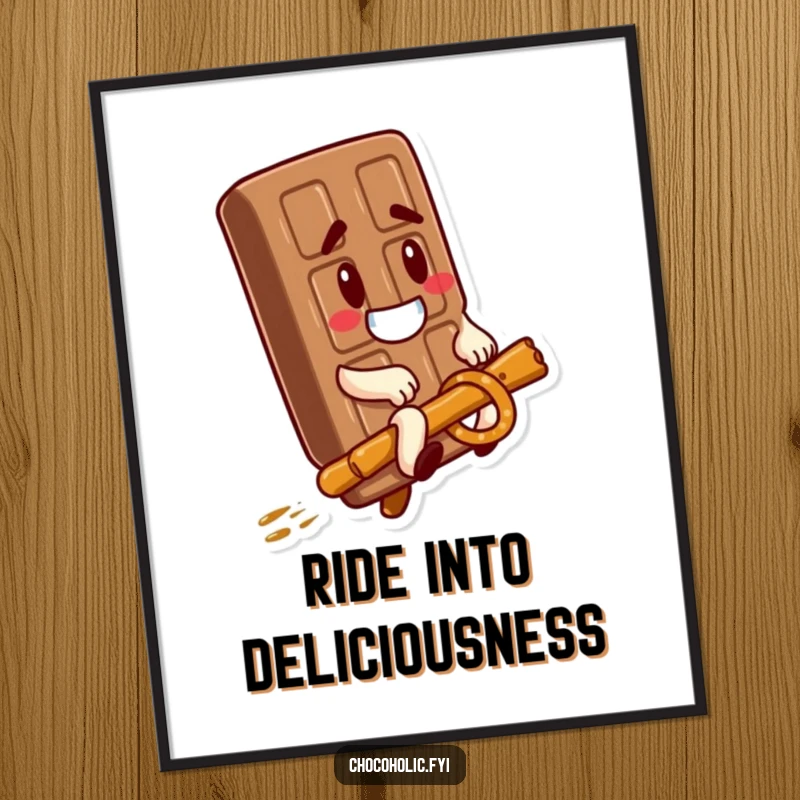 Funny Free Printable Wall Art depicting a chocolate bar with a goofy expression riding triumphantly on a pretzel stick.