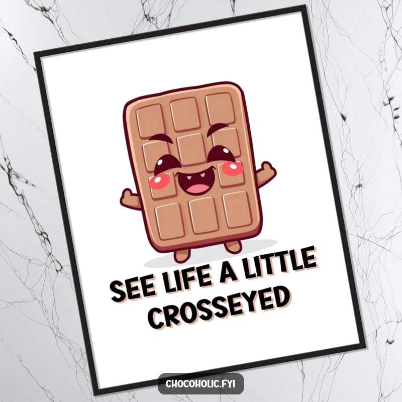 Funny Free Printable wall art of a chocolate bar character with crossed eyes and a delighted giggle.