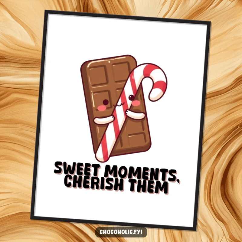 Funny Free Printable Wall Art of a chocolate bar with tiny arms excitedly hugging a candy cane, celebrating sweetness.