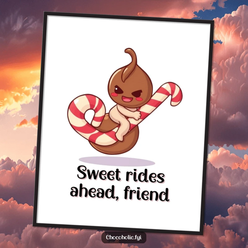 Funny free printable wall art: a chocolate truffle with a mischievous smirk attempting to ride a giant candy cane.