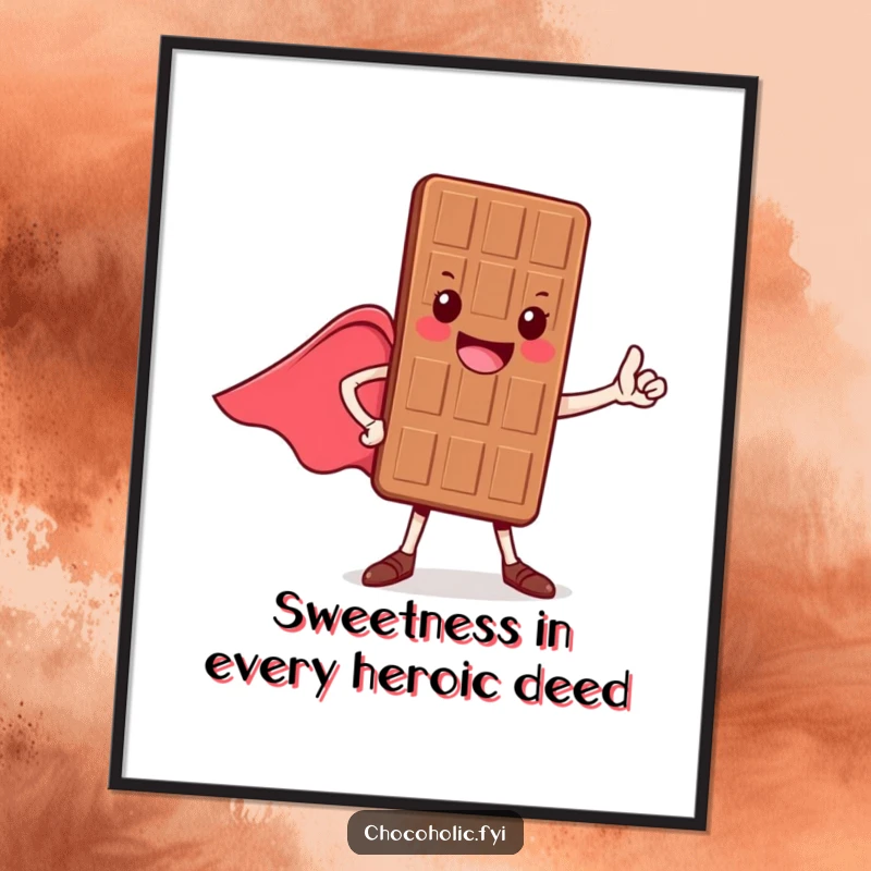 Funny Free Printable Wall Art: A heroic chocolate bar character striking a confident, cape-flowing pose with a smile.
