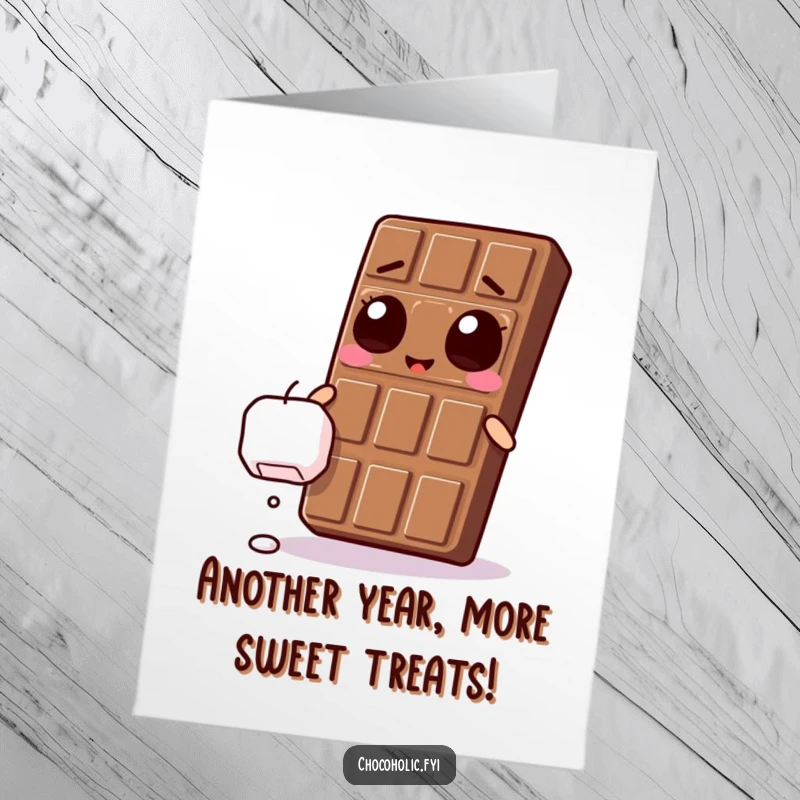 Funny Free Printable Birthday Card depicts a Kawaii chocolate bar with wide, overjoyed eyes, reaching up excitedly for a falling marshmallow.