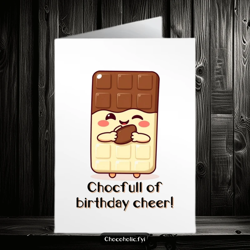 Funny Free Printable Birthday Card featuring a kawaii chocolate bar winking and holding a cocoa bean, radiating pure joy.