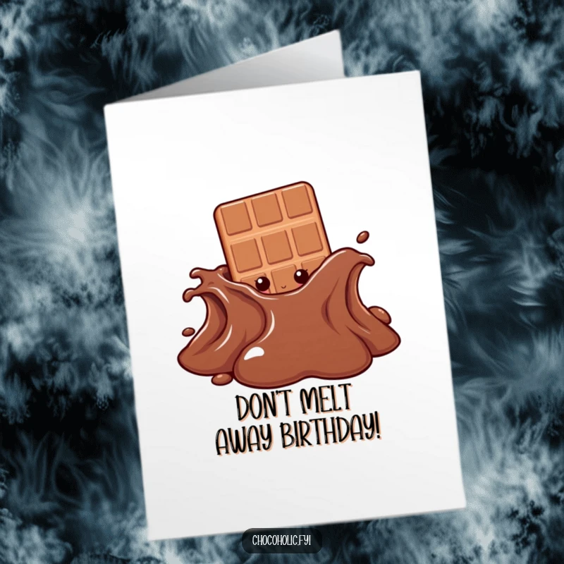 Funny free printable birthday card: chocolate bar character curiously peeking from behind a large, melting puddle of chocolate.