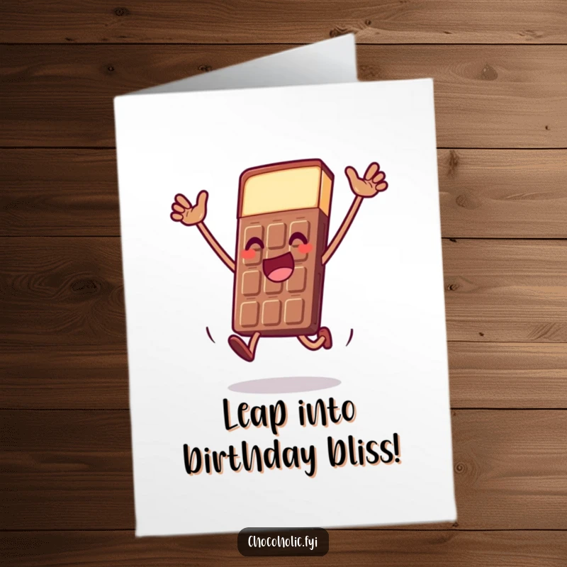Funny Free Printable Birthday Card showing a chocolate bar character soaring in a dramatic, exuberant joyful leap.