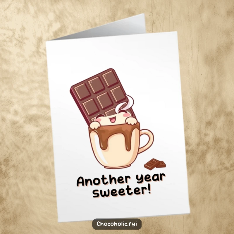 Funny Free Printable Birthday Card: Chocolate bar character peeking over a tiny, steaming mug with pure delight and excitement.