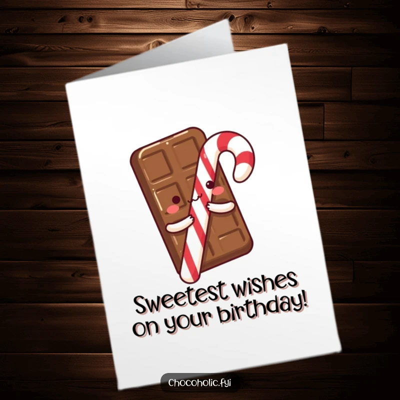 Funny Free Printable Birthday Card of a chocolate bar with tiny arms excitedly hugging a candy cane, celebrating sweetness.