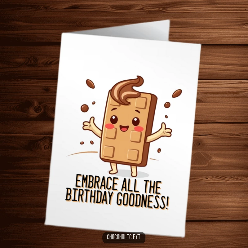 Funny Free Printable Birthday Card: Kawaii chocolate bar hugs a swirling cocoa cloud, full of birthday joy.