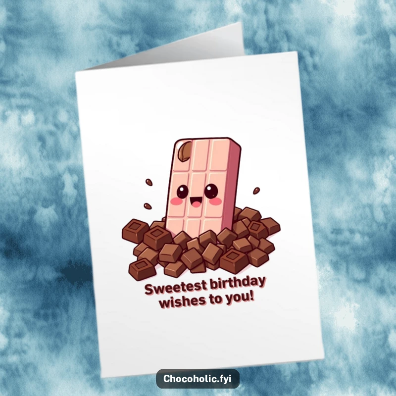 Funny free printable birthday card of a kawaii chocolate bar character joyfully hugging itself with chocolate pieces.