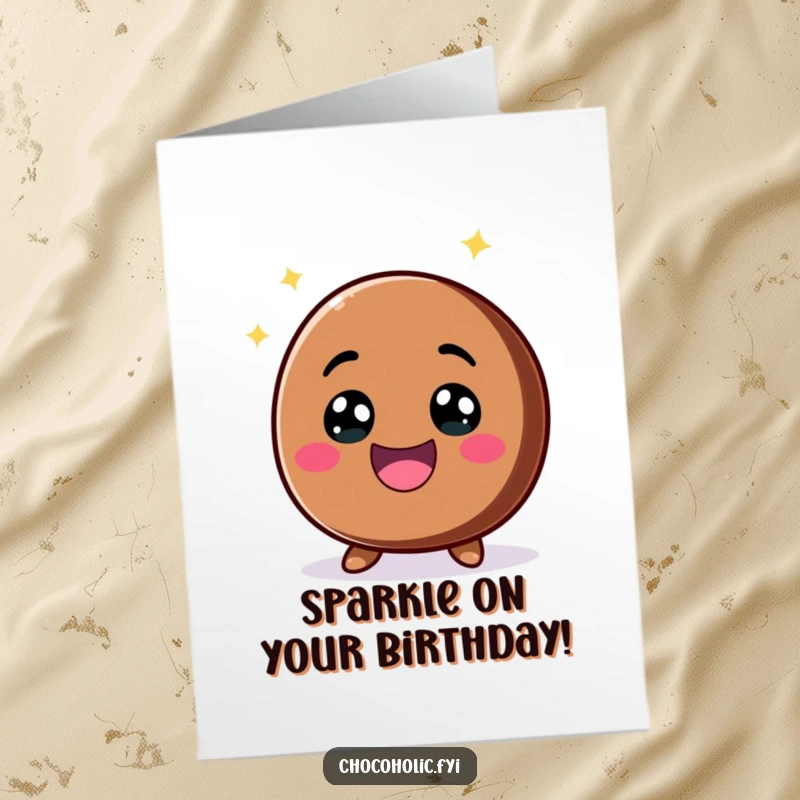 Funny Free Printable Birthday Card: A kawaii chocolate chip character bursting with excitement, big smile and sparkling eyes, ready for birthday cheer.