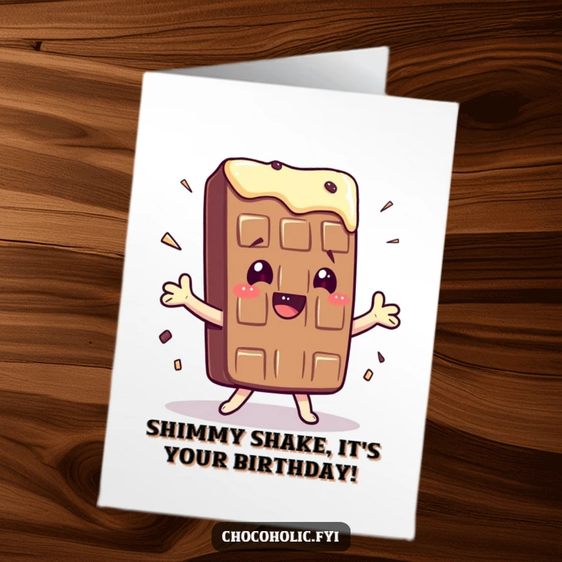 Funny Free Printable Birthday Card: Kawaii chocolate bar character doing a silly, exaggerated shimmy dance with joy.