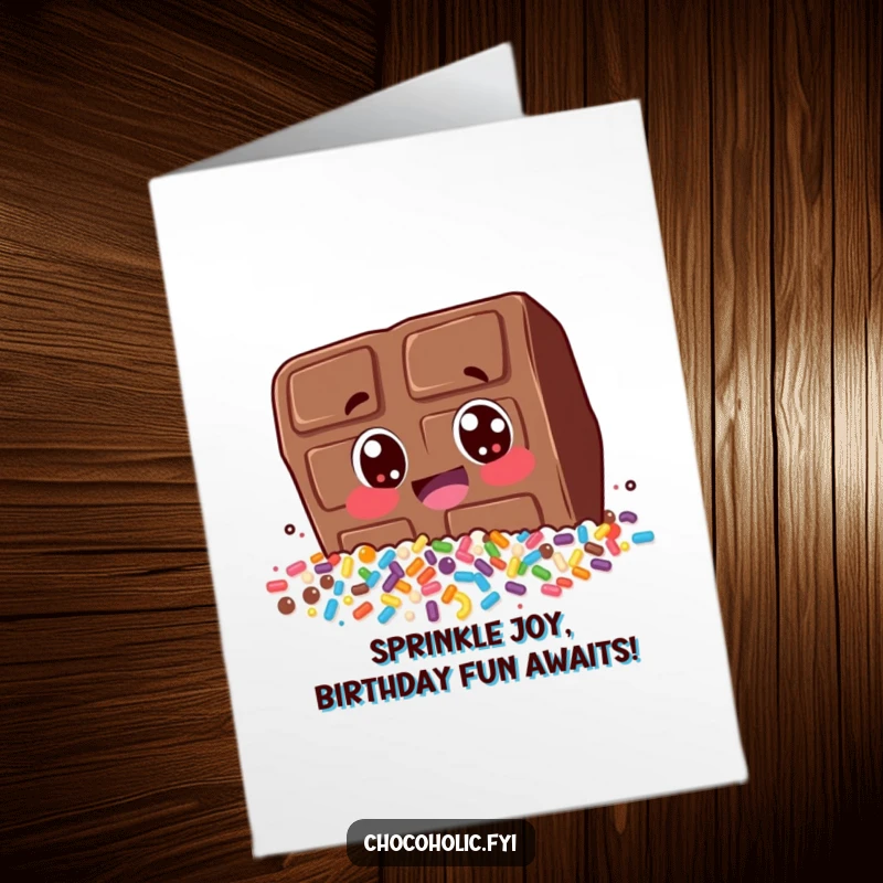 Funny Free Printable Birthday Card: Excited chocolate bar character diving headfirst into a mountain of colorful sprinkles.