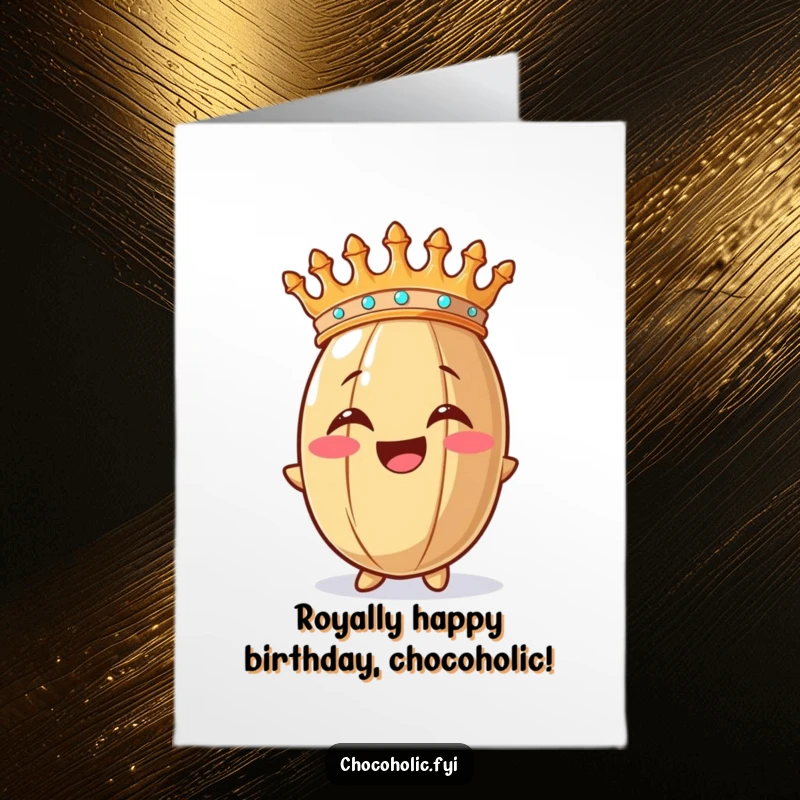 Funny Free Printable Birthday Card: Overjoyed cocoa bean wearing a golden crown, spreading birthday cheer with a huge smile.