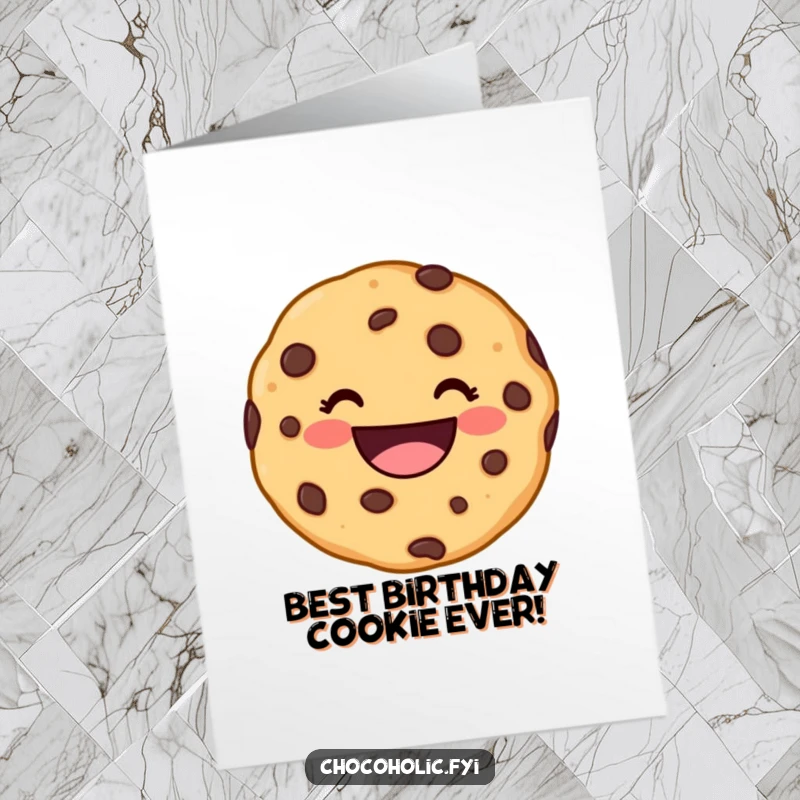 Funny Free Printable Birthday Card: A kawaii chocolate chip cookie character beaming with a wide, delighted grin, ready for birthday fun.