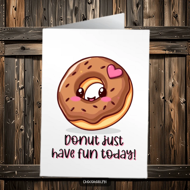 Funny Free Printable Birthday Card: Kawaii chocolate donut character with a happy swirl, radiating joy and sweetness.