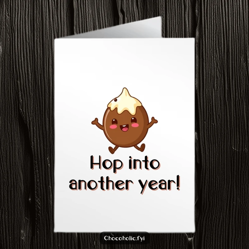 Funny Free Printable Birthday Card showing a cheerful chocolate truffle character performing a delightful, energetic happy hop.