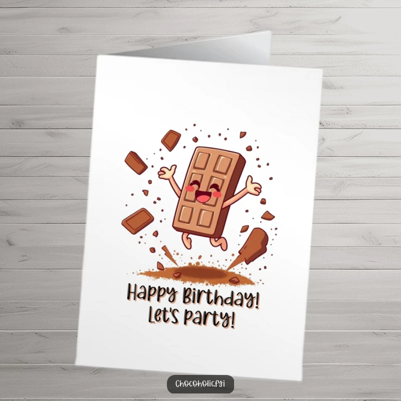 Funny Free Printable Birthday Card: Chocolate bar character leaping joyfully high, scattering cocoa powder like confetti.