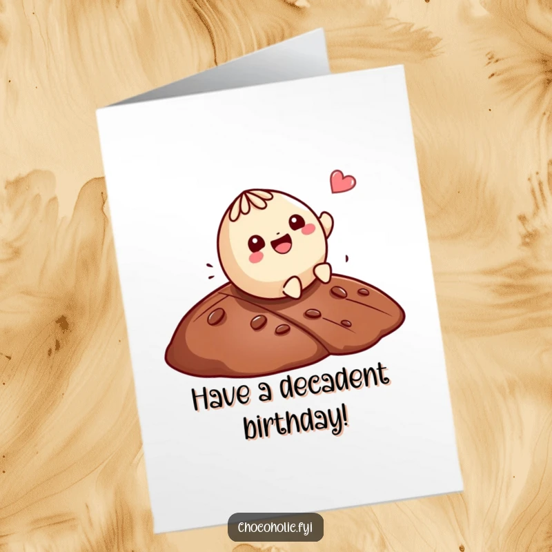 Funny Free Printable Birthday Card: Playful Kawaii truffle character rolls gleefully down a chocolate hill with a happy expression.