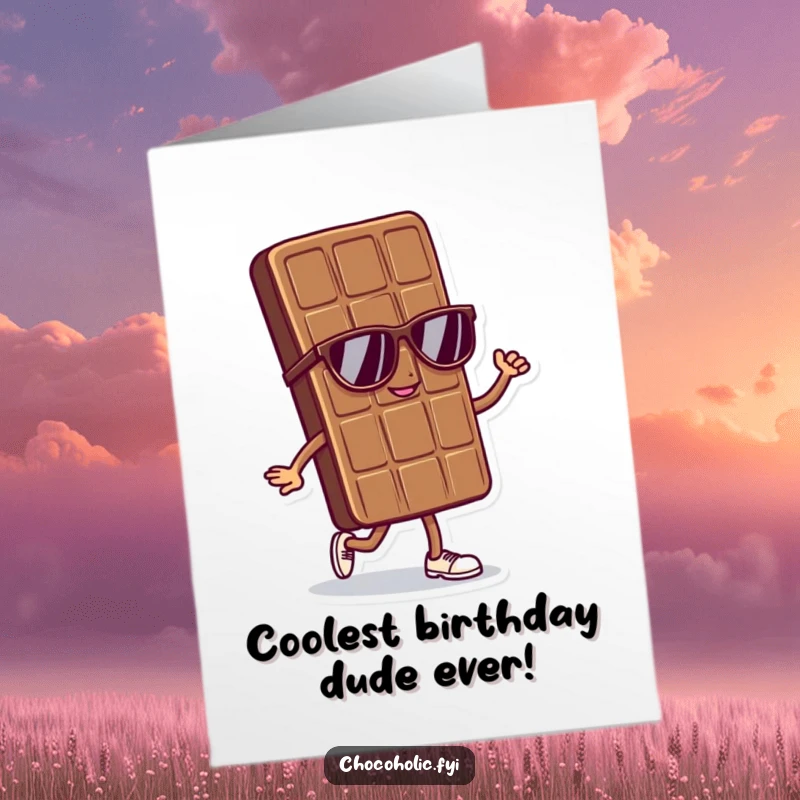 Funny Free Printable Birthday Card: A chocolate bar character with sunglasses doing a cool, confident strut with swagger.