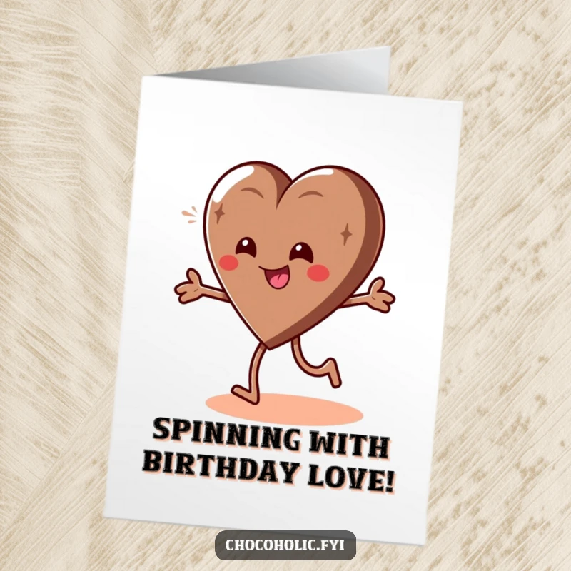 Funny Free Printable Birthday Card: A chocolate heart character spinning playfully with a giddy, joyful expression.