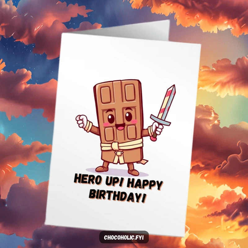 Funny Free Printable Birthday Card: A kawaii chocolate bar stands heroically, brandishing a candy cane like a sword, ready for adventure.