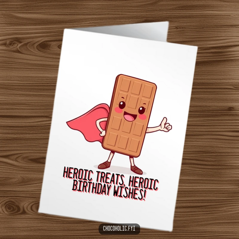 Funny Free Printable Birthday Card: Hero chocolate bar in a dynamic pose, cape flowing, ready to save the day.