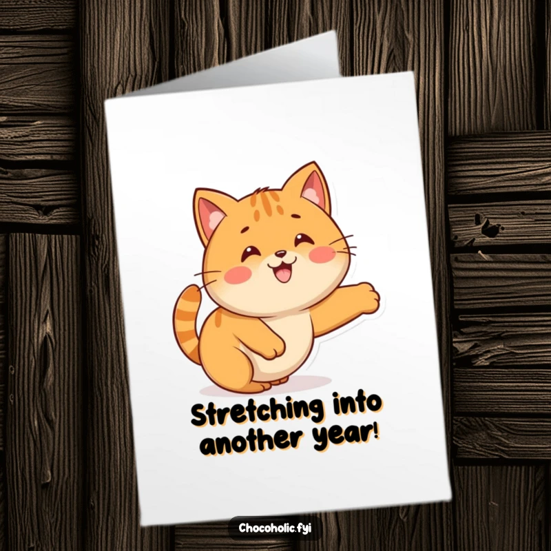 Funny Free Printable Kawaii caramel card showing a cute character stretching like a cat, ready to deliver birthday wishes with a smile.