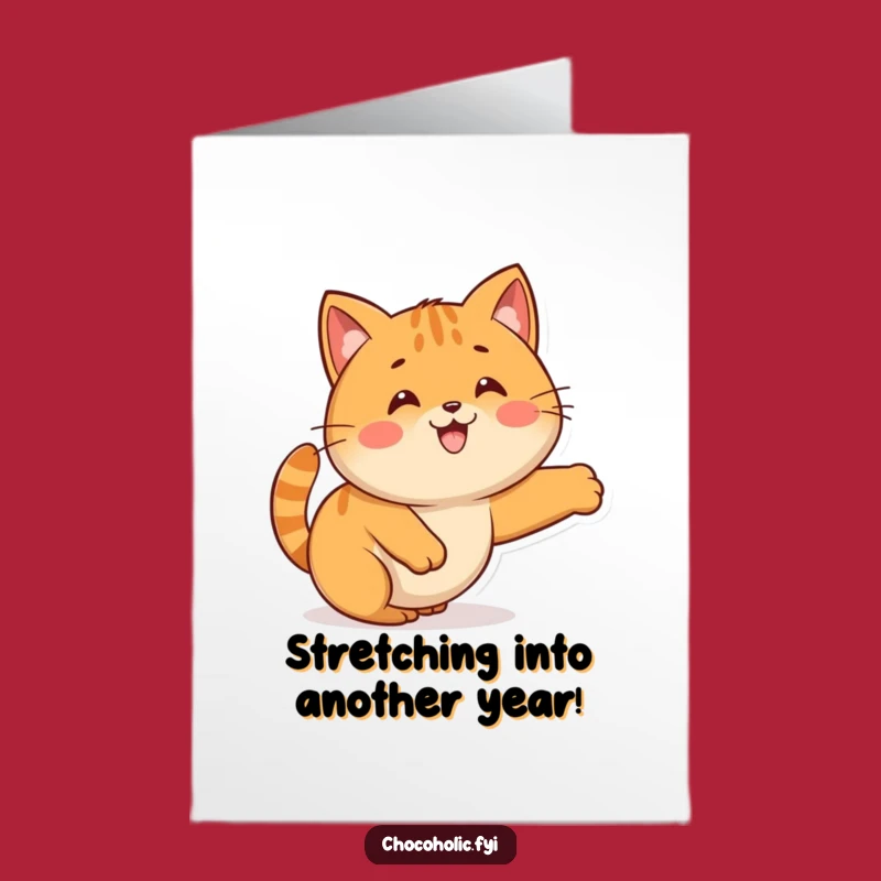 Free Printable Kawaii Caramel Birthday Card: Funny Stretching Cat-like Yum Downloadable Gift
