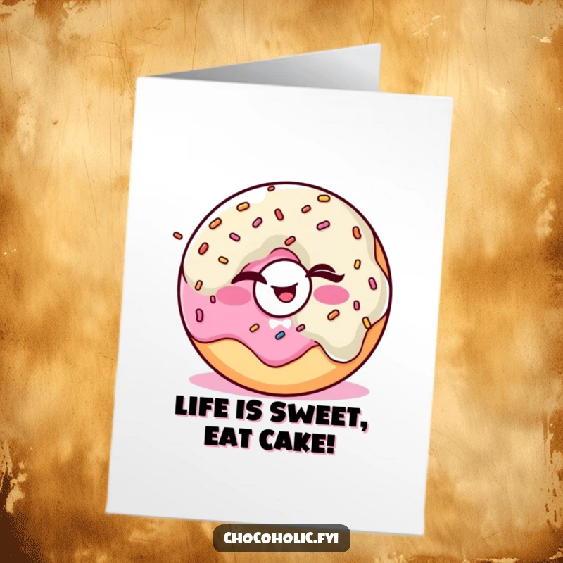 Funny Free Printable Kawaii donut character winking while juggling tiny sprinkles, celebrating a birthday with sweet, playful energy.