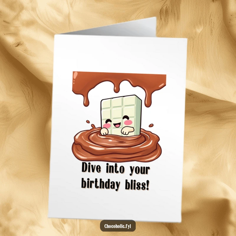 Funny Free Printable Birthday Card showing a Kawaii chocolate bar character joyfully diving headfirst into a luscious pool of chocolate sauce.