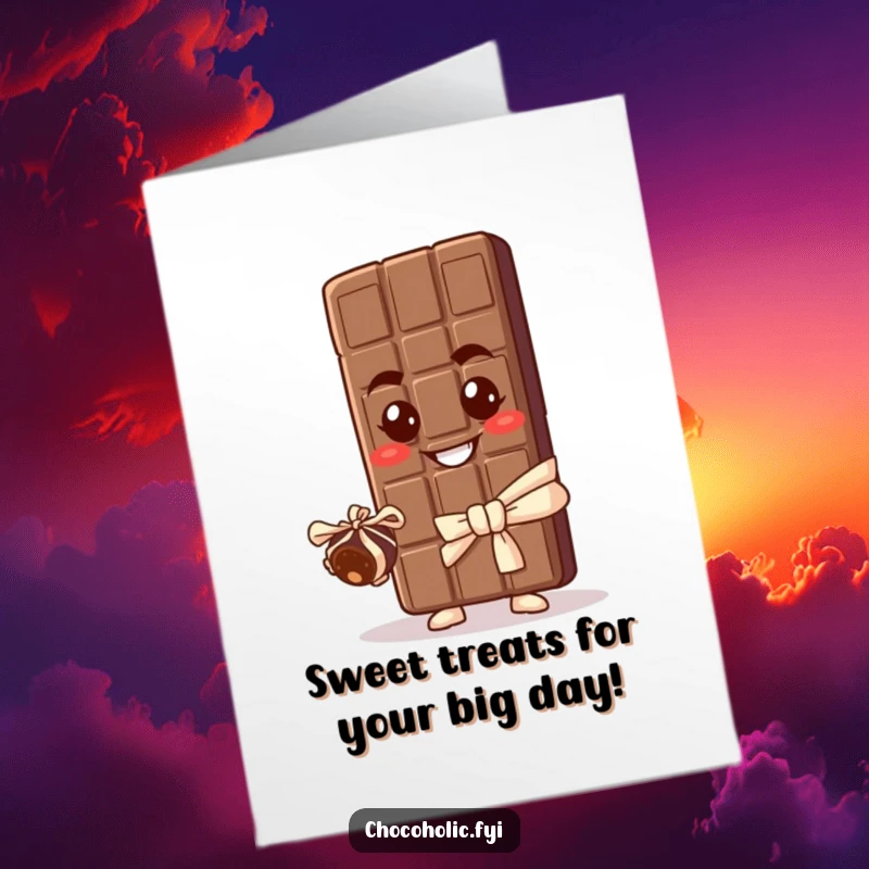 Funny Free Printable birthday card featuring a chocolate bar character with a mischievous grin offering a truffle.