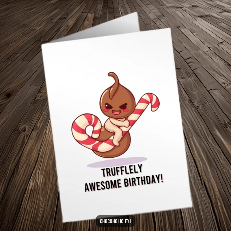 Funny free printable birthday card: a chocolate truffle with a mischievous smirk riding a giant candy cane.