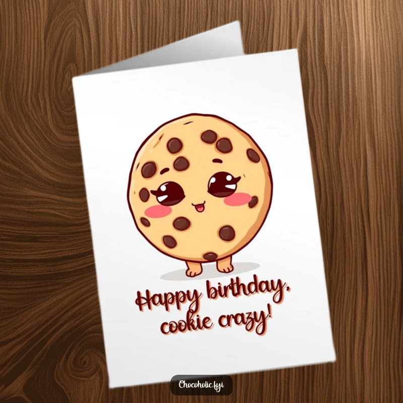 Funny Free Printable Birthday Card: A jittery chocolate chip cookie with crossed eyes, zooming on a sugar rush.