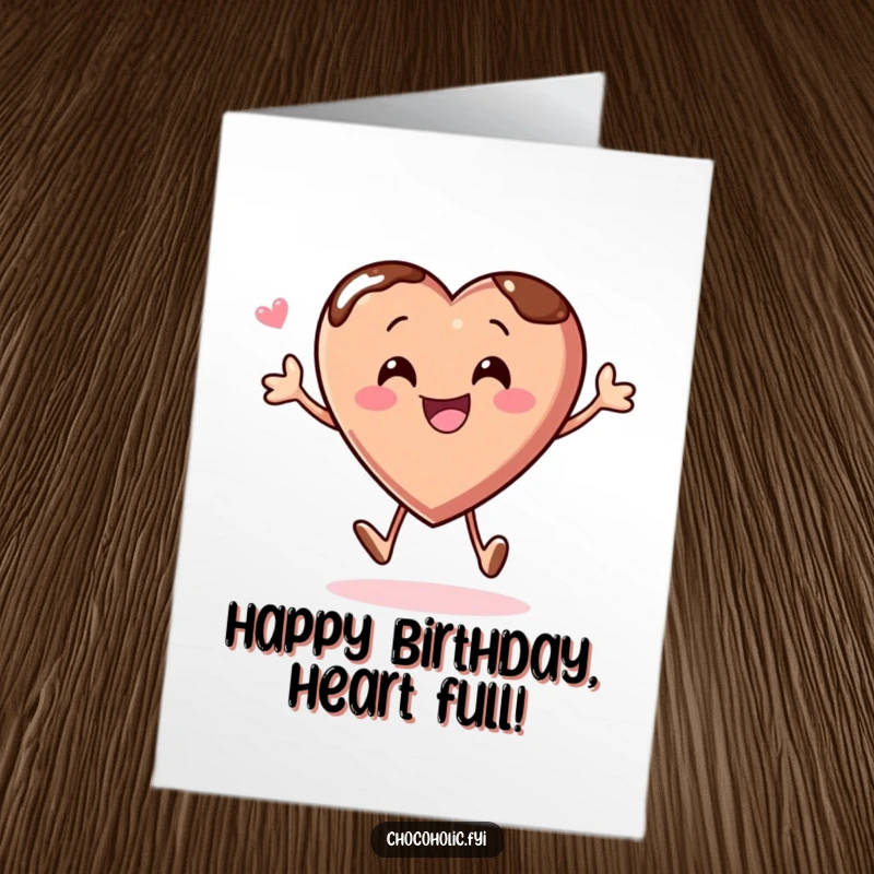 Funny Free Printable Birthday Card: A chocolate heart character joyfully bouncing with excitement and love.