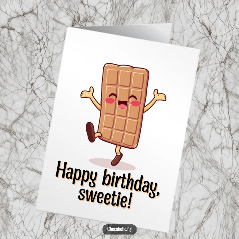 Funny Free Printable Birthday Card: A chocolate bar character gleefully doing a cartwheel, expressing pure birthday happiness and energy.