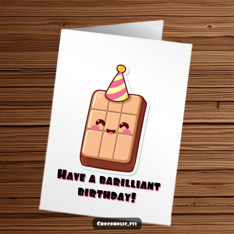Funny Free Printable Birthday Card featuring a smiling chocolate bar wearing a tiny party hat, ready to celebrate any birthday.