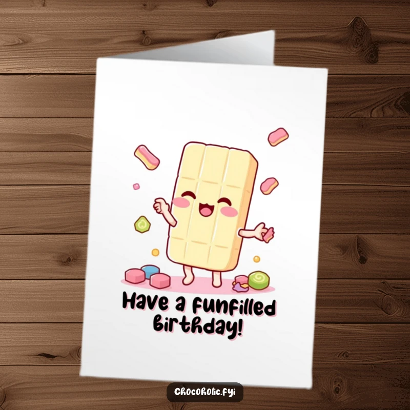 Funny Free Printable Birthday Card: Kawaii candy bar character juggling smaller candies, creating a playful, celebratory scene.