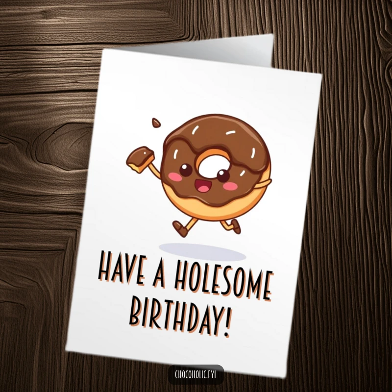 Funny Free Printable Birthday Card of a chocolate donut happily skipping, missing a bite.