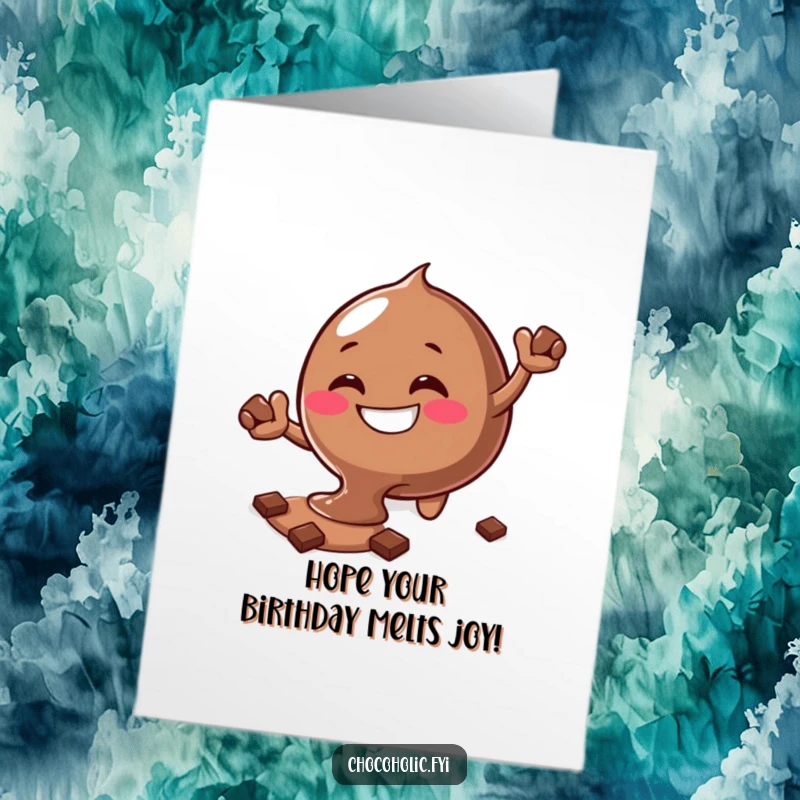 Funny Free Printable Birthday Card featuring a melting chocolate blob character grinning silly and reaching for more chocolate.