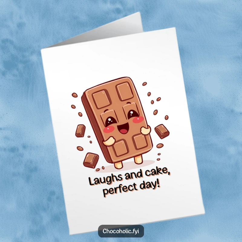 Funny Free Printable Birthday Card showing a chocolate bar character giggling as sprinkles fall, a sweet downloadable gift.