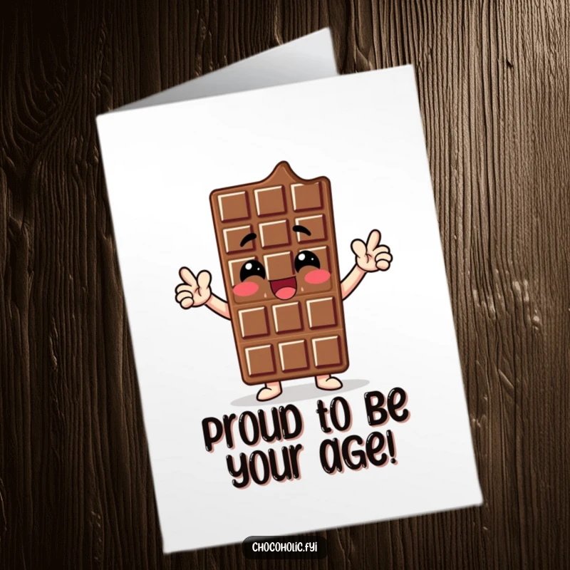 Funny free printable birthday card: a chocolate bar character striking a proud, confident pose with an enthusiastic expression.