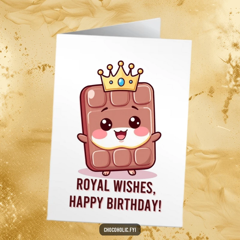 Funny Free Printable Birthday Card: A kawaii chocolate bar wears a tiny crown, beaming with pride and regal happiness.